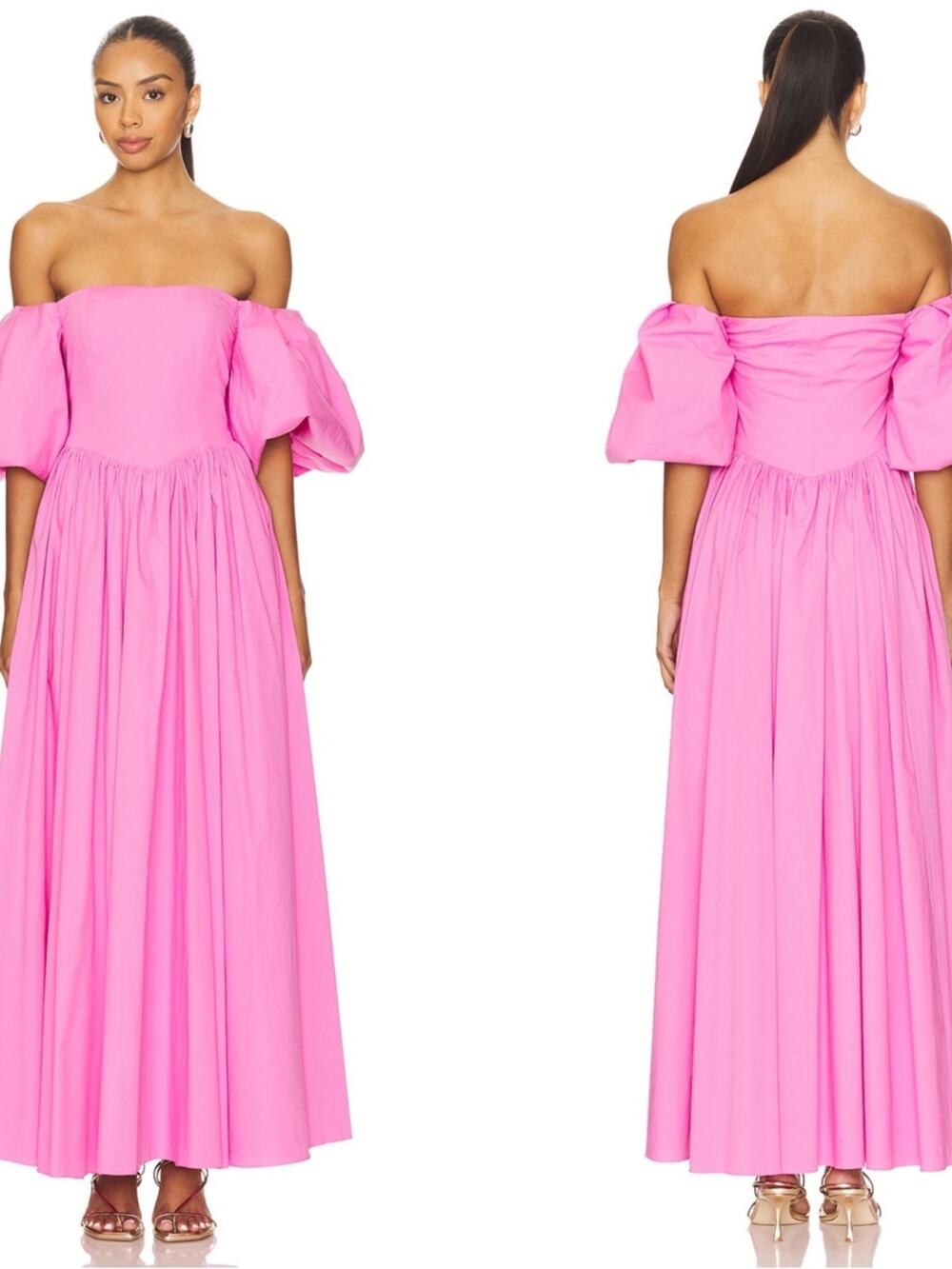 CAROLINE CONSTAS Christina Puff Sleeve Off the Shoulder Pink Maxi Dress Size M